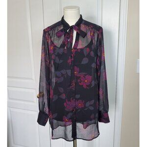 Reitmans Sheer Blouse Bow Necktie Black Floral Size S